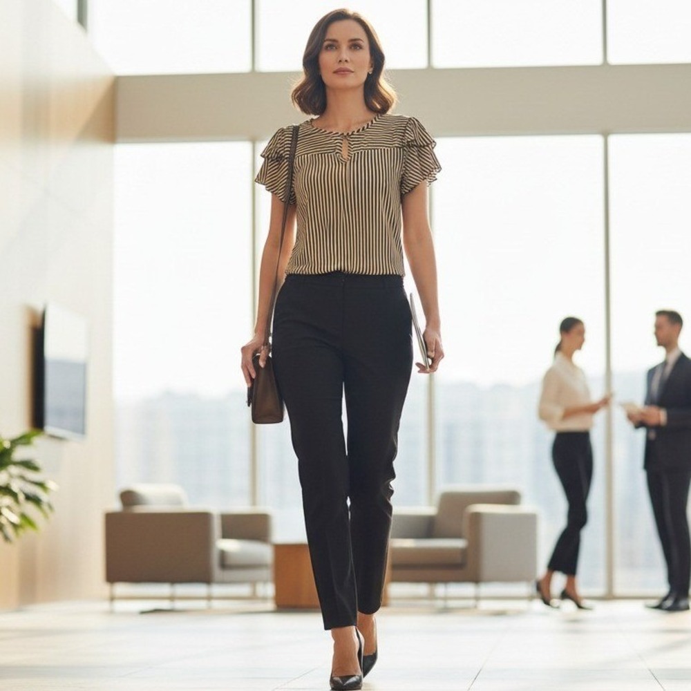 Atelier 29 Striped Flutter Sleeve Top L Tan Black Minimalist Chic